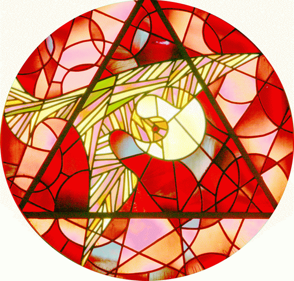 "Heiliger Geist": Rundfenster im Altarraum der Paul Gerhardt-Kirche